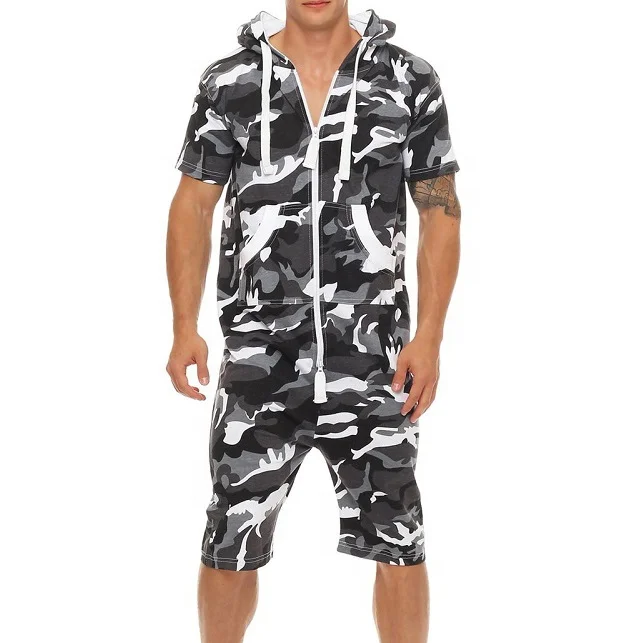 

Hot sales Low MOQ Short Sleeve Zipper Hooded Mens Camo Onesie