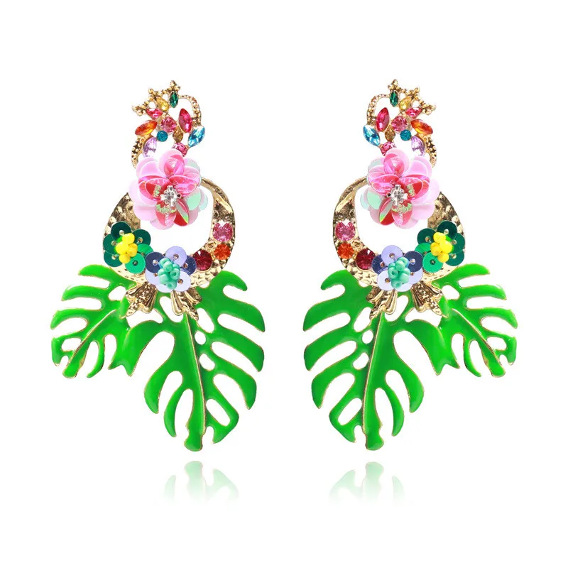 

Multi Color Women Drop Earrings Green Metal Leaf and Flower Enamel Earrings, Custom earrings