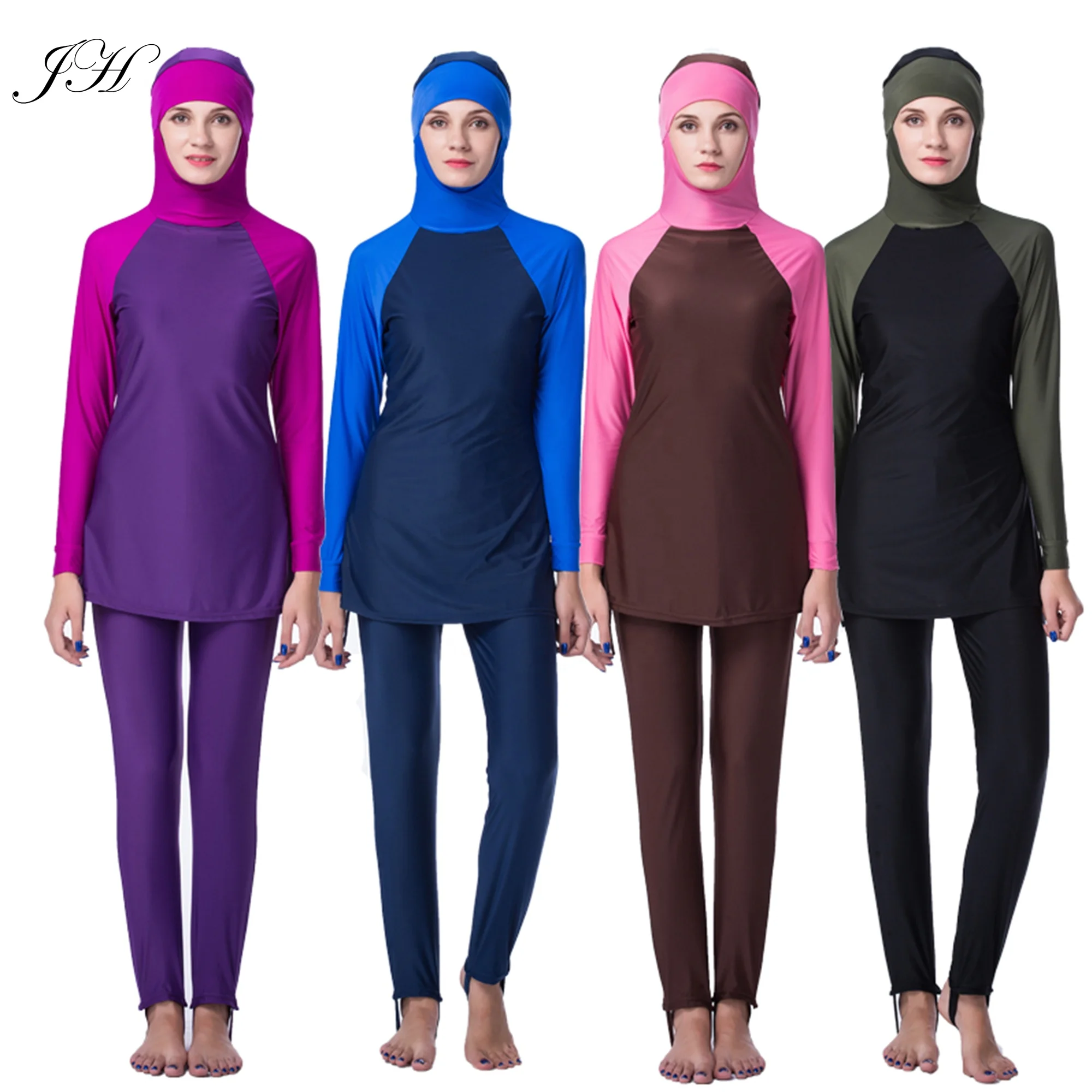 

2019 Muslim Modest Swimsuits Plus Size Women Burkinis Beachwear Islamic Swimwear Full Cover Hijab Swimming Suit Bathing Suit, 4 colors