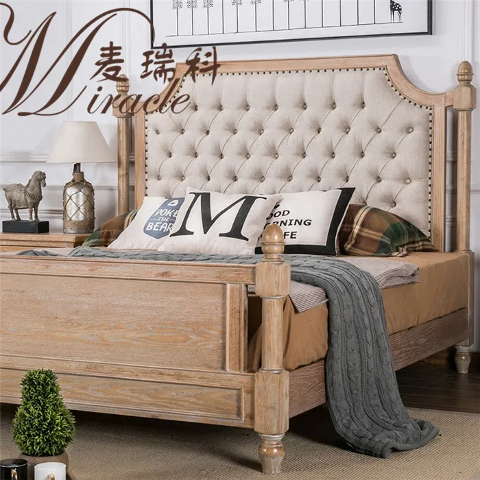 Classic Solid Oak Wood Tufted Leather Fabric Headboard Living Room King