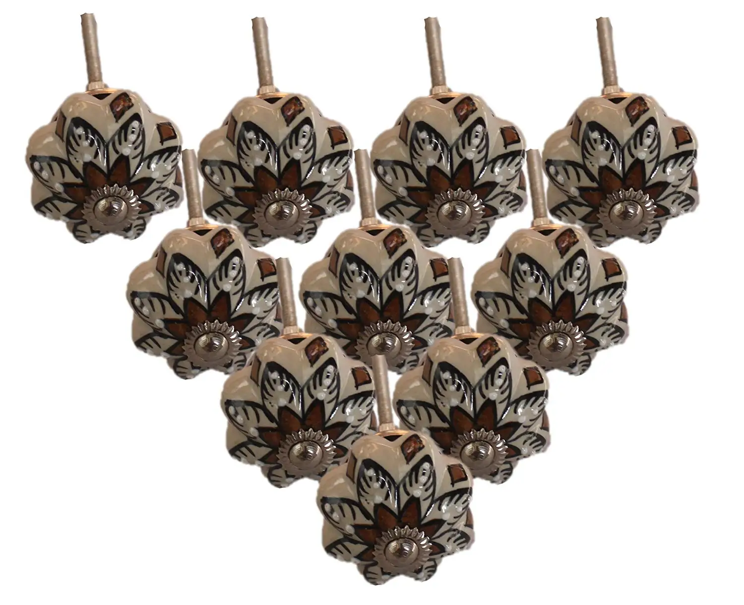 PARIJAT HANDICRAFT Set of 10 Hand Painted Beautiful Leaf Design Dotted Ceramic Door Knobs Cupboard Wardrobe Cabinet Drawer Pulls Door Knobs