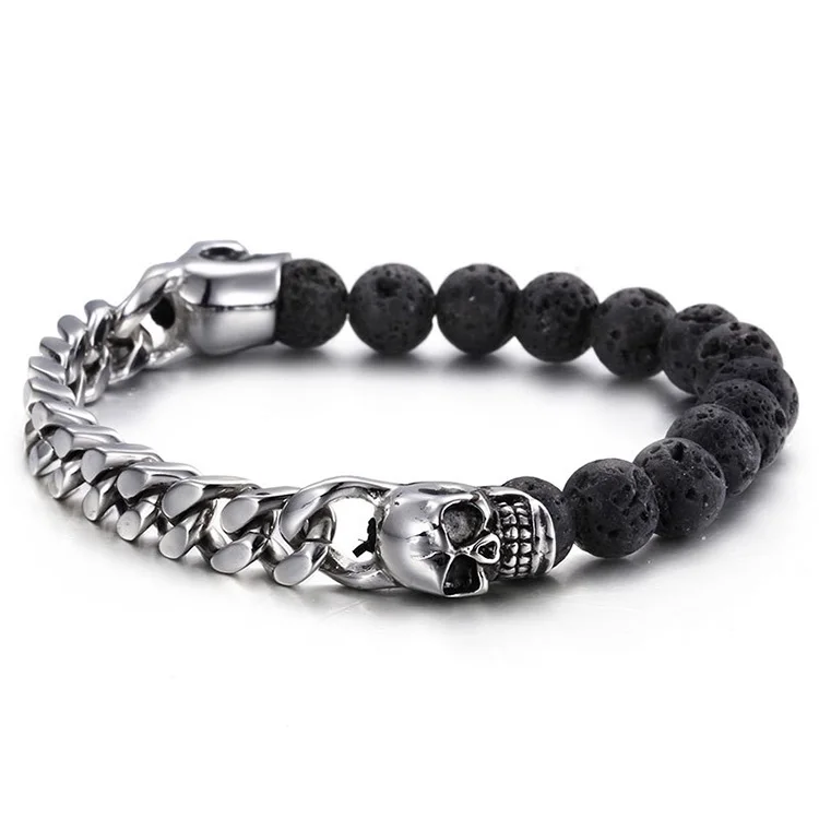 

New Arrival Men Lava Stone Stainless Steel Skull Bracelet, Black, silver