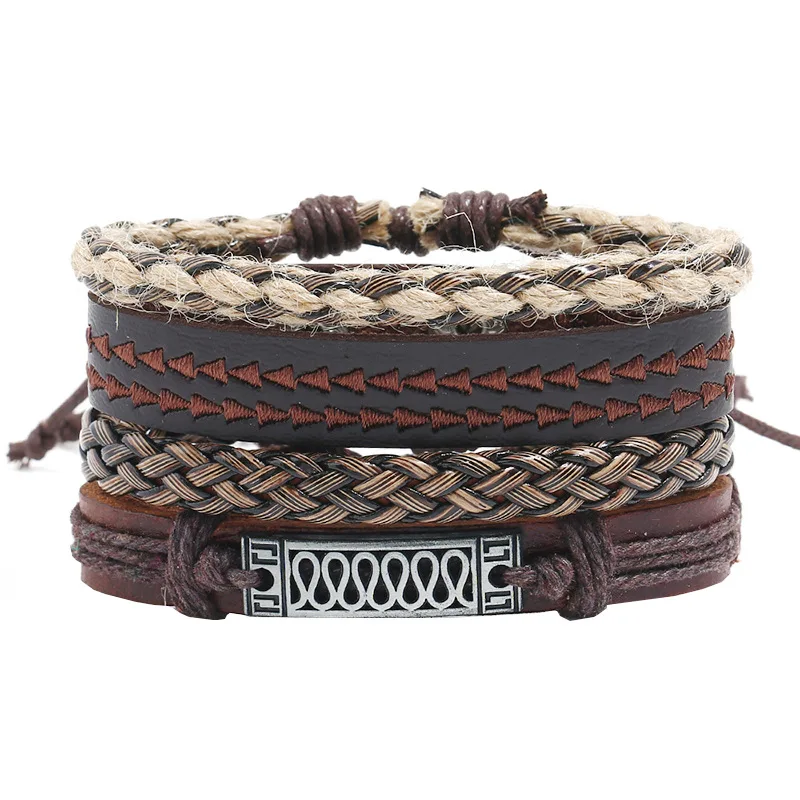 

2019 March Expo Boho Multi-layer Braided Mens Leather Bracelet Retro Adjustable Irregular Texture Cuff Wrap Bracelet, Brown