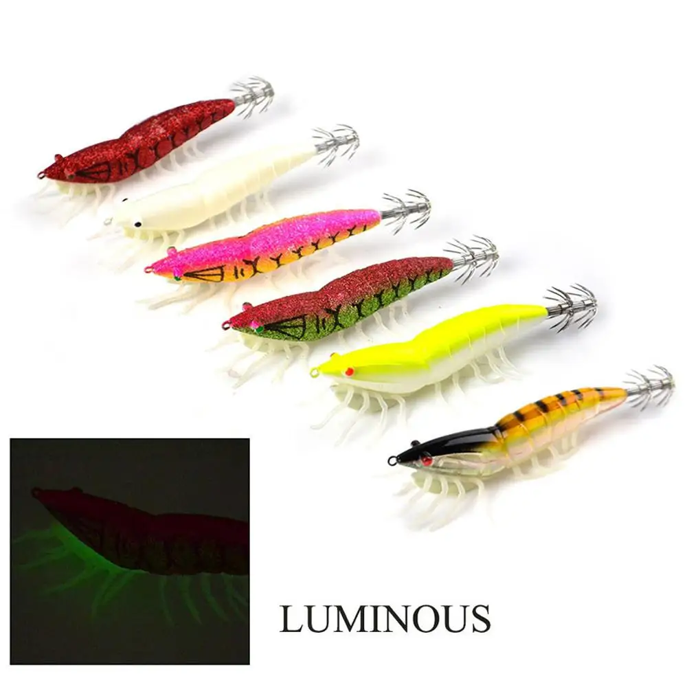 

Fulljion 3.0g/3.5g Squid Lures Lead Sinker Jigs Octopus Wood Shrimp Bait With Squid Hook Soft foot Luminous Fishing Lures, Red,yellow,pink,light brown,beige,chocolate