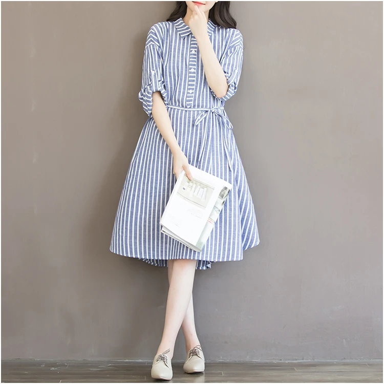 

Plus Size Loose Stripe Maternity A Line Dress Women Peter Pan Collar Linen Long Sleeve Mori Girl Women's Clothing Midi Dresses