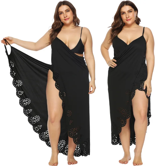 

LYQ3151 Plus size women's hot flower hollow beach blouse irregular strap dress