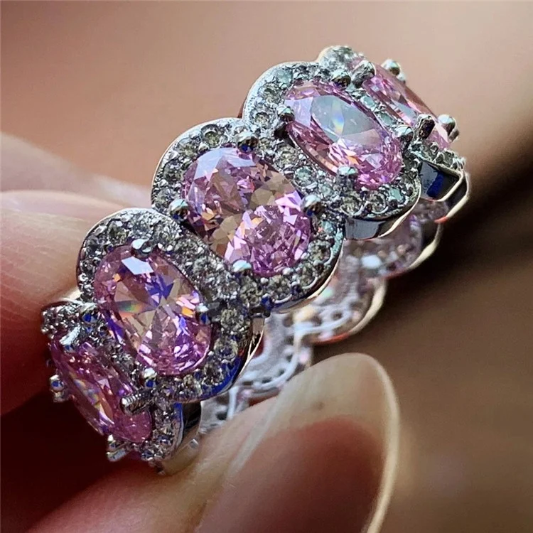 

Drop Shipping Hot Sell 2019 New Arrival Deluxe Jewelry Silver Color Oval Cut Pink 5A Cubic Zirconia Party Wedding Ring