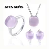 Natural Rose Quarts Sterling Silver Jewelry Sets Cabochon Cut 20.6 Carats Pink Rhinestone Crystal Gemstone Jewelry Set