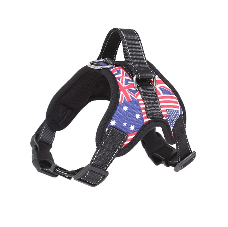 

Amazon Hot sale US flag Pattern reflective silk breathable breast straps dog mesh harness