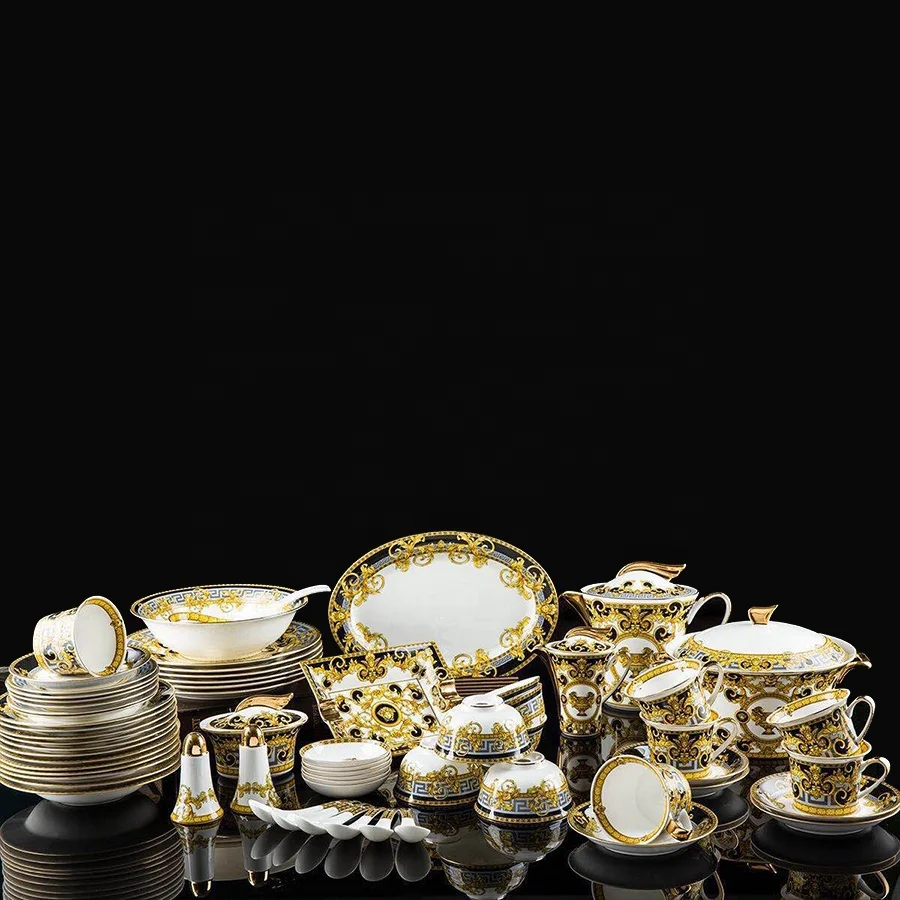 

Chaozhou Dinnerware Factory Fine Bone China Dinner Sets Wholesale Dinner Sets, Gold and white