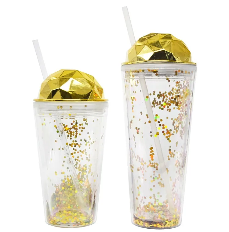 Best Double Wall Straw Cups With Lid Golden Glitter Drinking Cup For