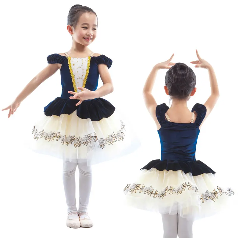 

Royal Blue Velvet Leotard Dress European Length Champagne Tulle Classical Ballet Dance Tutus for Girls 15319