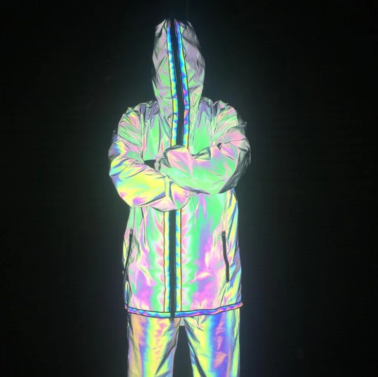 

Mens Fashion Full Face Zip Streetwear Rainbow Reflective Jacket, The photo