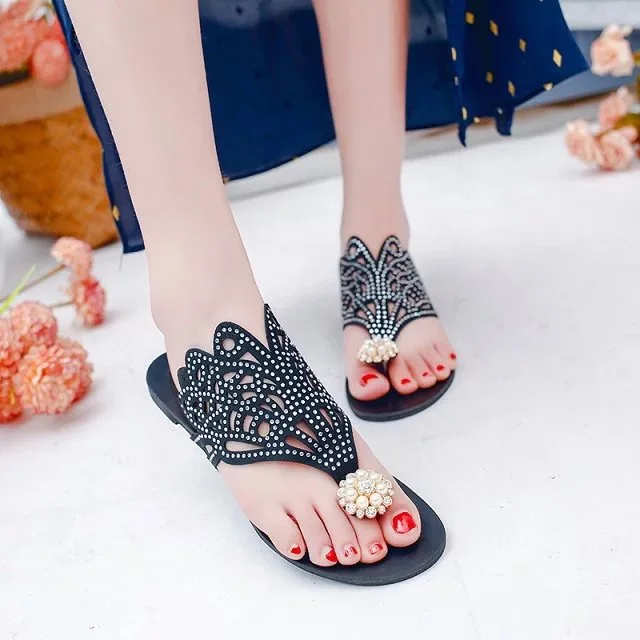 

2019 Vintage Summer Style Women Shoes Women's Sandals Flat Rhinestones Beach Rome Sandals Slipper Flip Flop, As shown