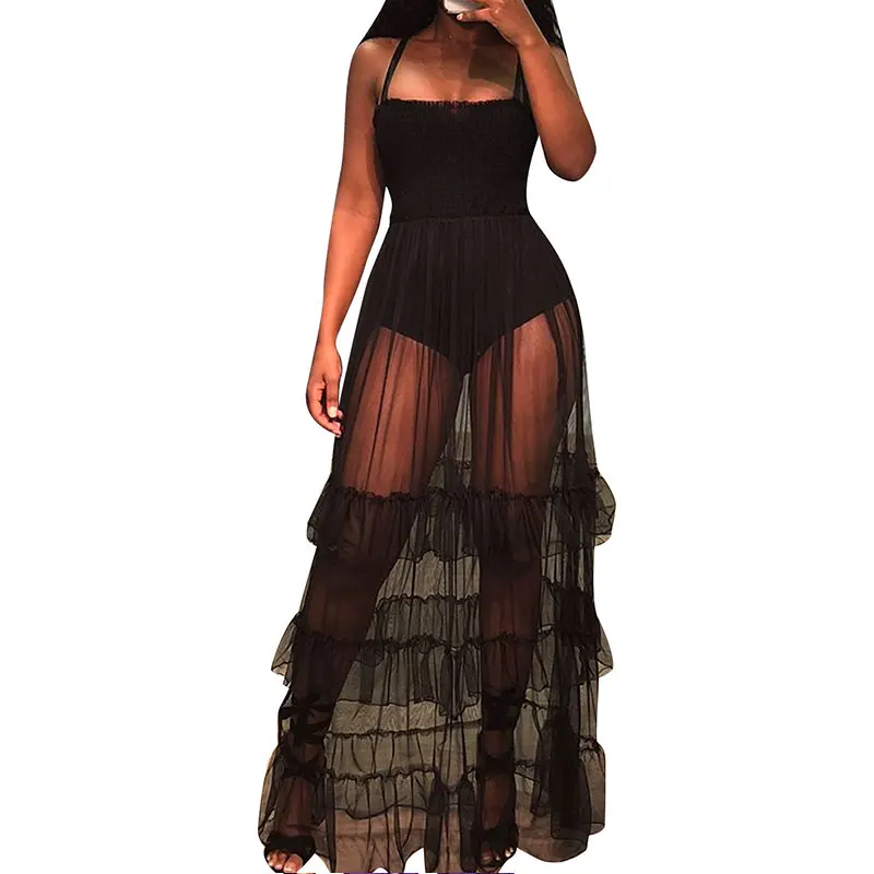 

Black Mesh Long Halter Dress With Ruffled Hem