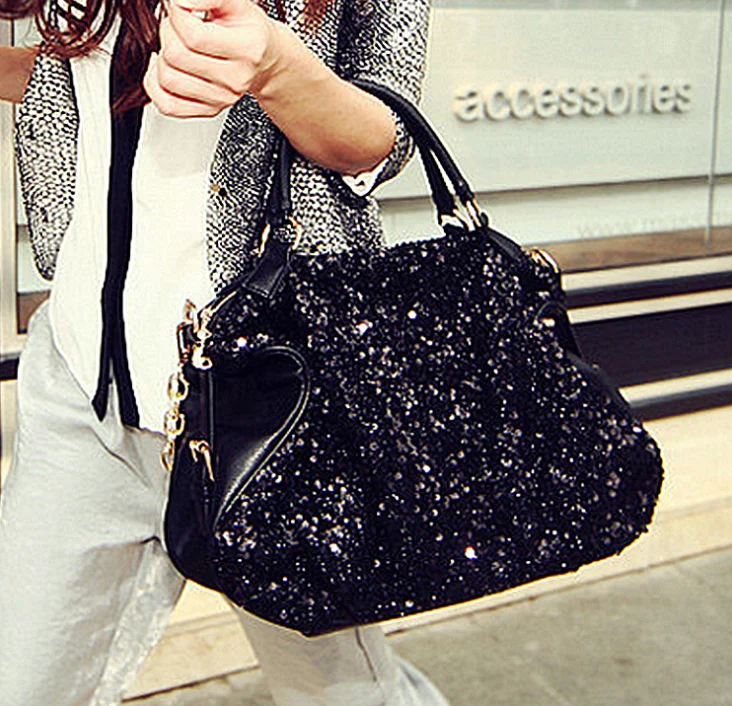 

Glitter Sequins Diamond PU Handbag Wholesale Custom Lady Shoulder Bag Women Beach Tote Bags Handbag 2019, Black