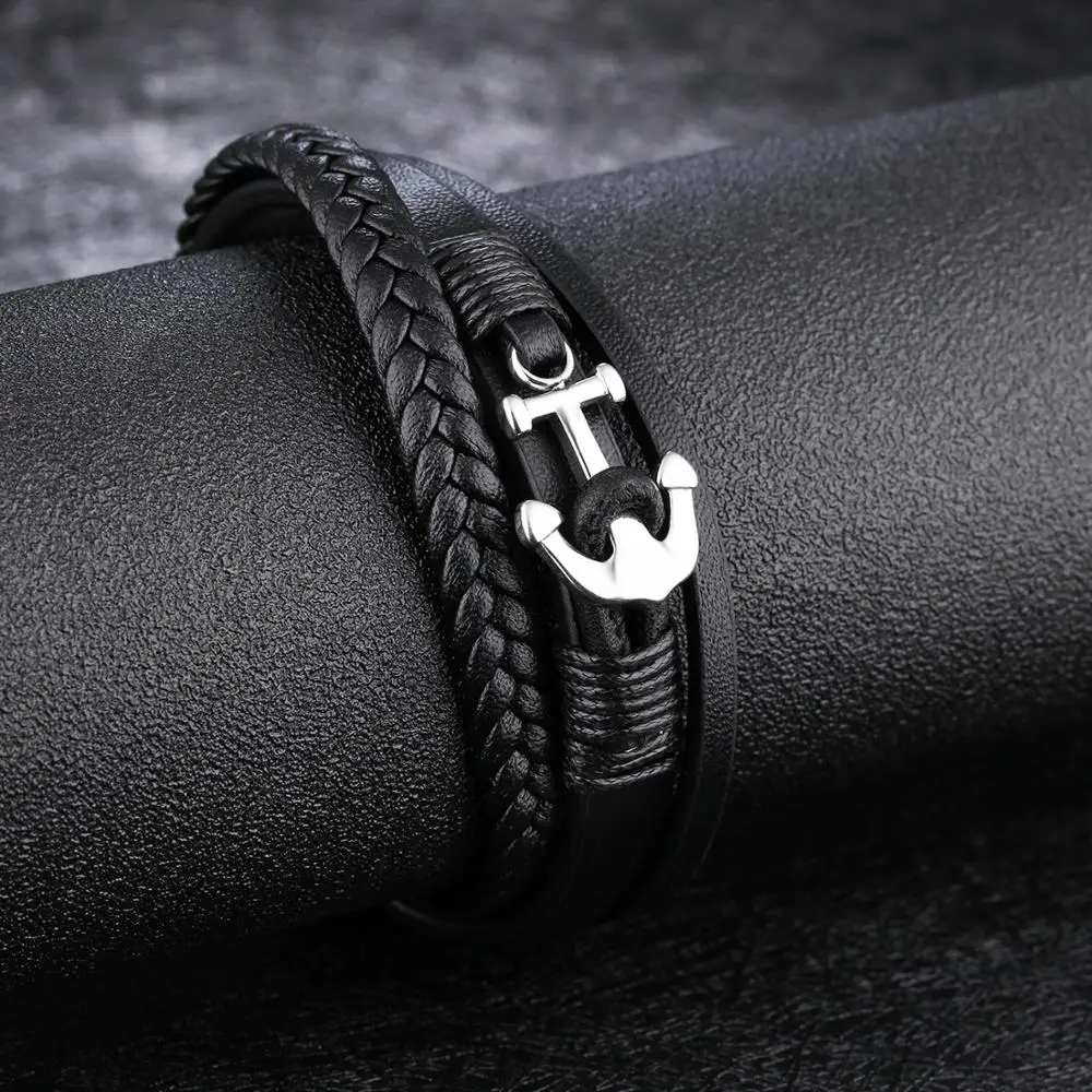 China Wholesale Braided Wrap Leather Mens Black Anchor Bracelet