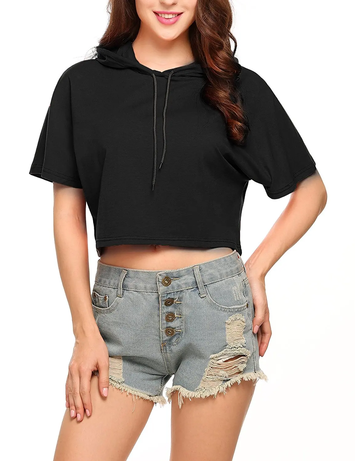 JANYN Women’s Hoodie Short Sleeve Sweatshirt Crop Top Pure Color Slim Shirt