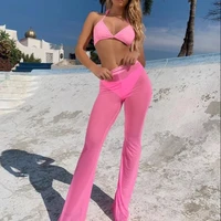 

2019 Popular Sheer Mesh Full Pants Sexy Summer Beach Wide Leg Pants High Waist