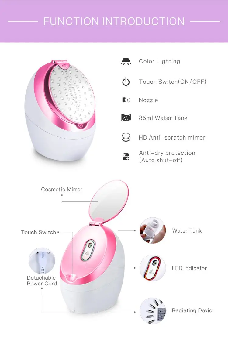 Built-in LED beauty mirror odorless nano steam deep cleansing moisturizer face facial steamer