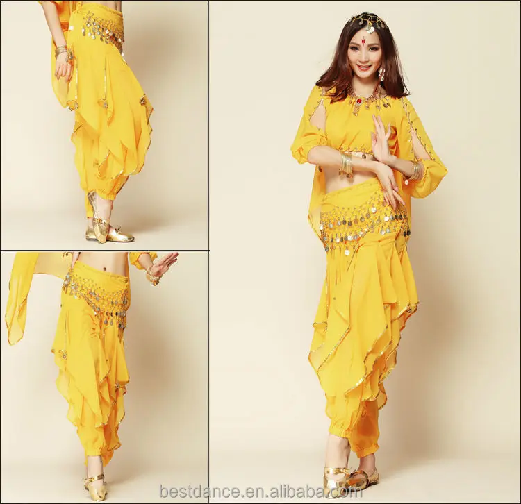 

Free shipping Belly Dance Costume Sets Long Sleeve Top & Tribal Gold Wavy Harem Pants & Belts with Coins 8 Colors
