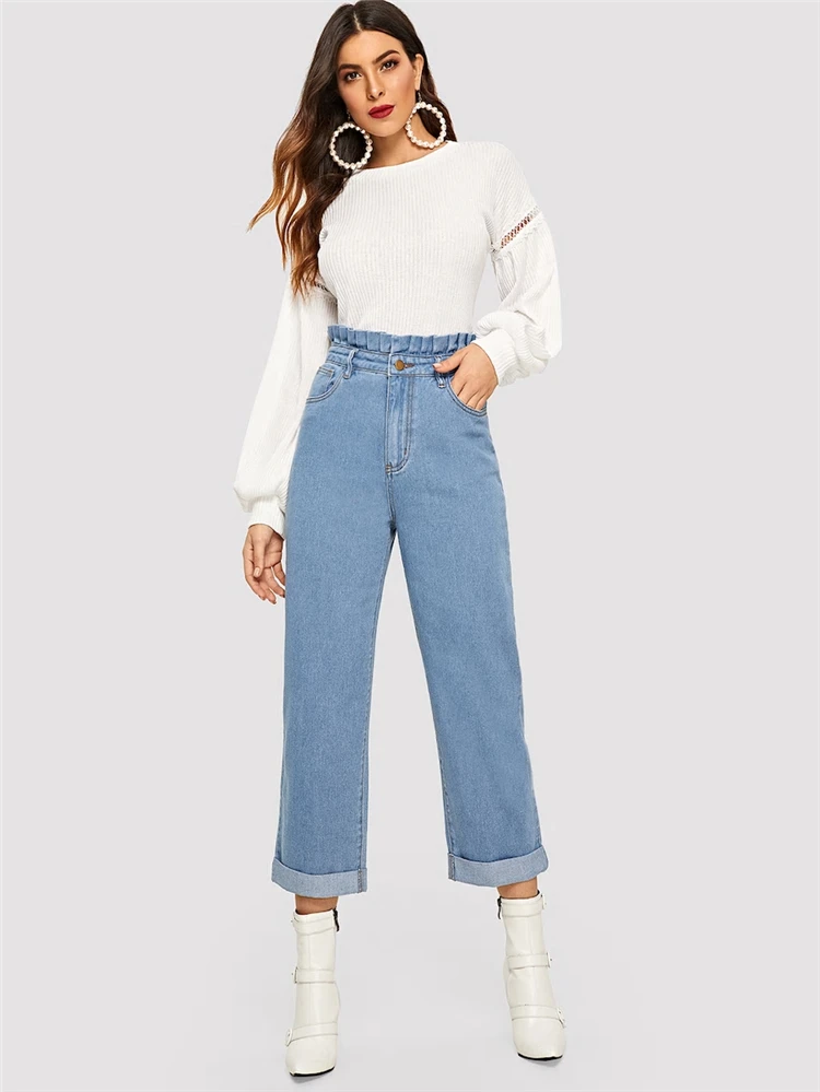 Fashion Oem Foldover Waist Boyfriend Denim Style Jeans Women