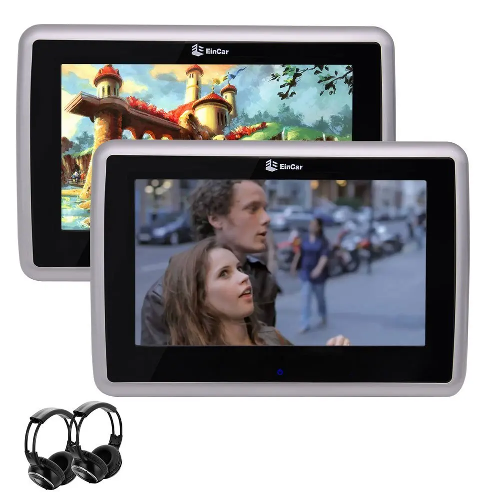 Eincar Dual 10.1 inch Car Headrest DVD Player with 1024 x 600 High Resolution HD Touch Screen Support 1080P videos AV Input & AV Output + Dual Channel IR Headphones