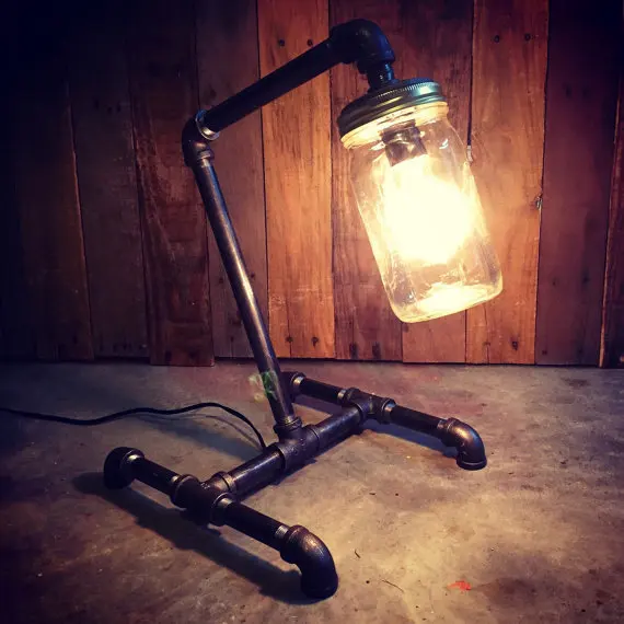 Lighting Industrial Pipe Fixture Mason Jar Table Lamp Table Lamps