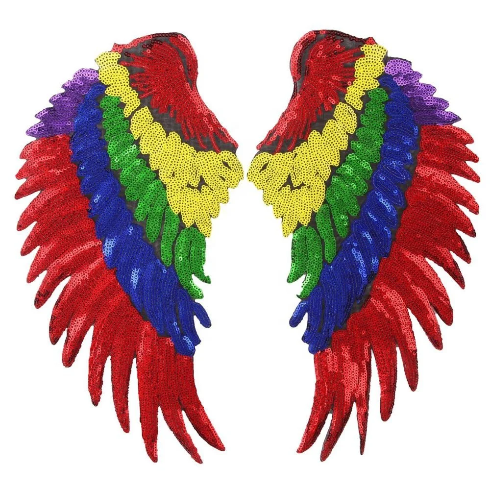 

GUGUTREE sequined rainbow colorful angel wing applique,angel wings patches,large badges appliques for jackets