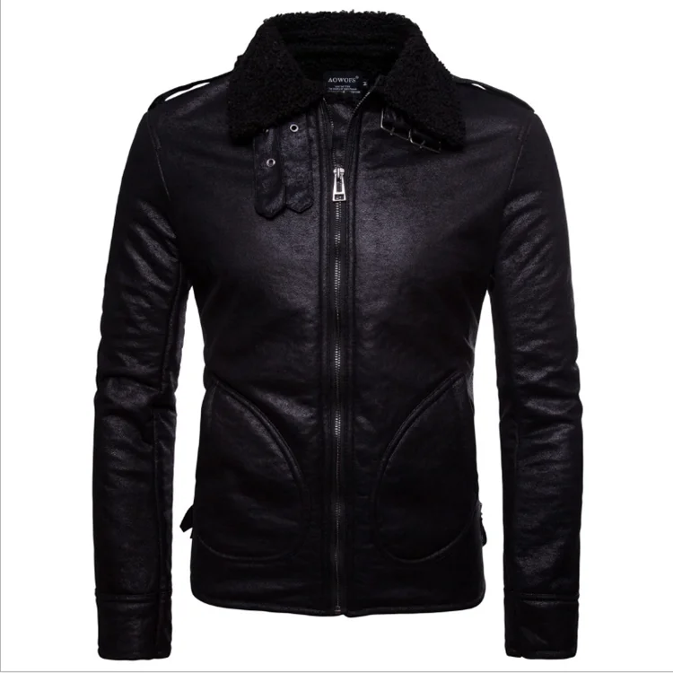 

Fashion High Quality Winter Warm Mens PU Leather Fur Coat Jacket, Black