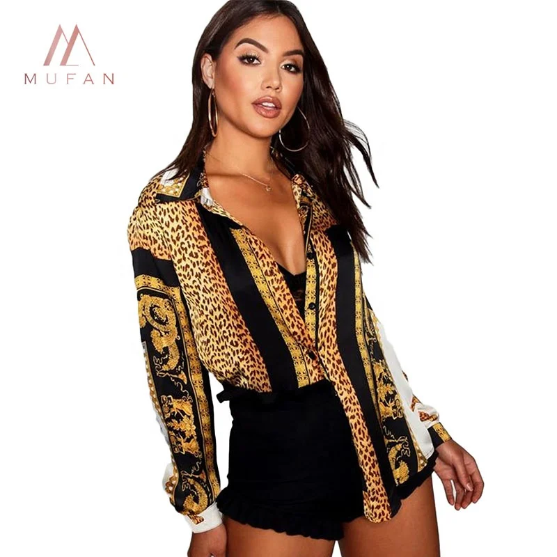 

Women Leopard Printed Loose Button Shirt Turn-down Collar Female Elegant Party Knot Front Long Sleeve Blouse, As picture color