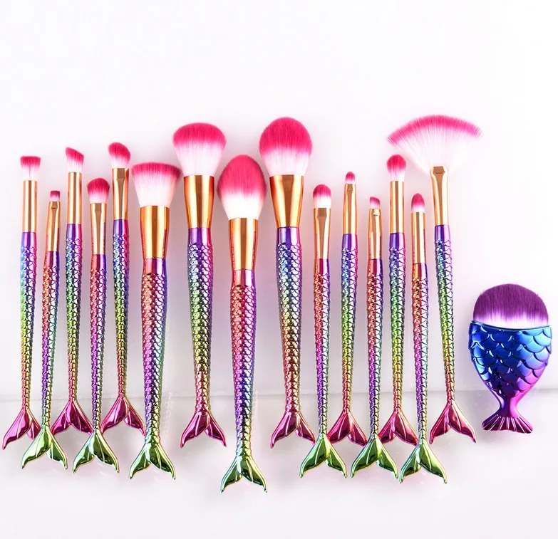 

15/16pcs mermaid makeup brush set with pink bristle mermaid cosmetic brush