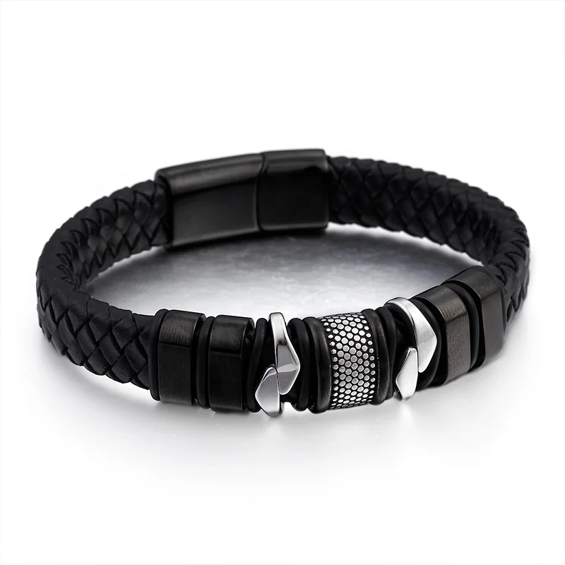 

Newest Stainless Steel Black Magnetic Clasp Braided Leather Bracelet For Men, As picture