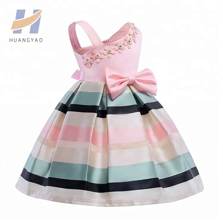 

Elegant One-Shouldered Flower Appliqued Stripes Frocks Pink Summer Girl Dress, As shown