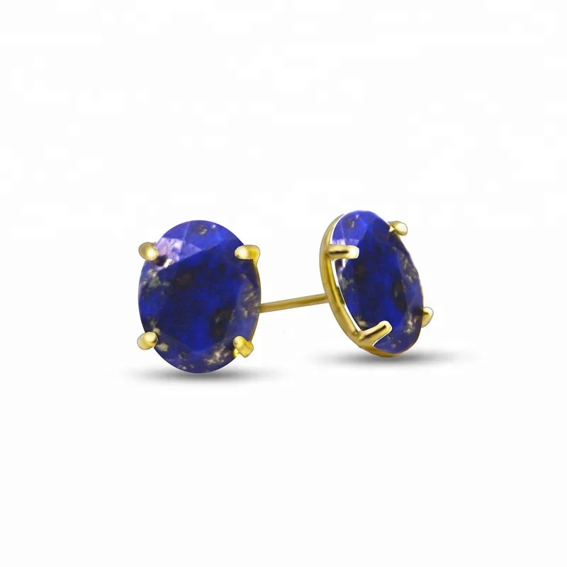 

Natural Blue Faceted Oval Cutting Lapis Lazuli Ear Stud Earring 24k Gold Plated Jewelry Silver Men's Earrings, Blue men's earring ear stud