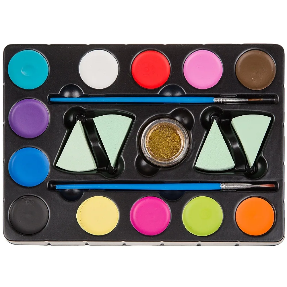 

Non Toxic CE Compliant Water Based 12 Color face paint Palette with stencils and sponges, 12 face painting colors