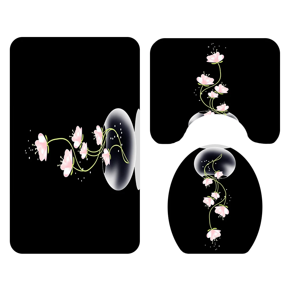Black Lotus Printing Toilet Pad Cover Bath Mat Shower Curtain Set for Bathroom Decoration