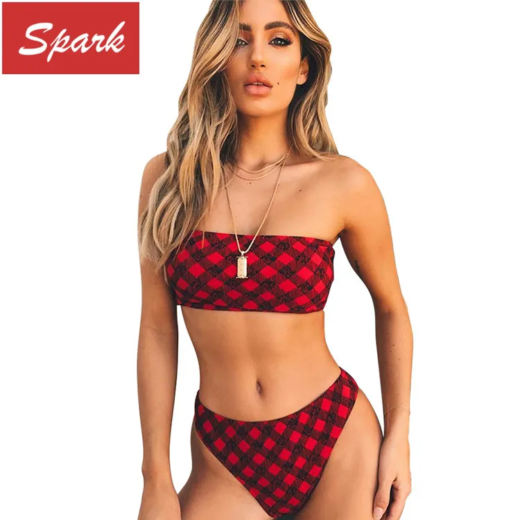 

2019 red checkered printing strapless bikuni for women, Customized colors