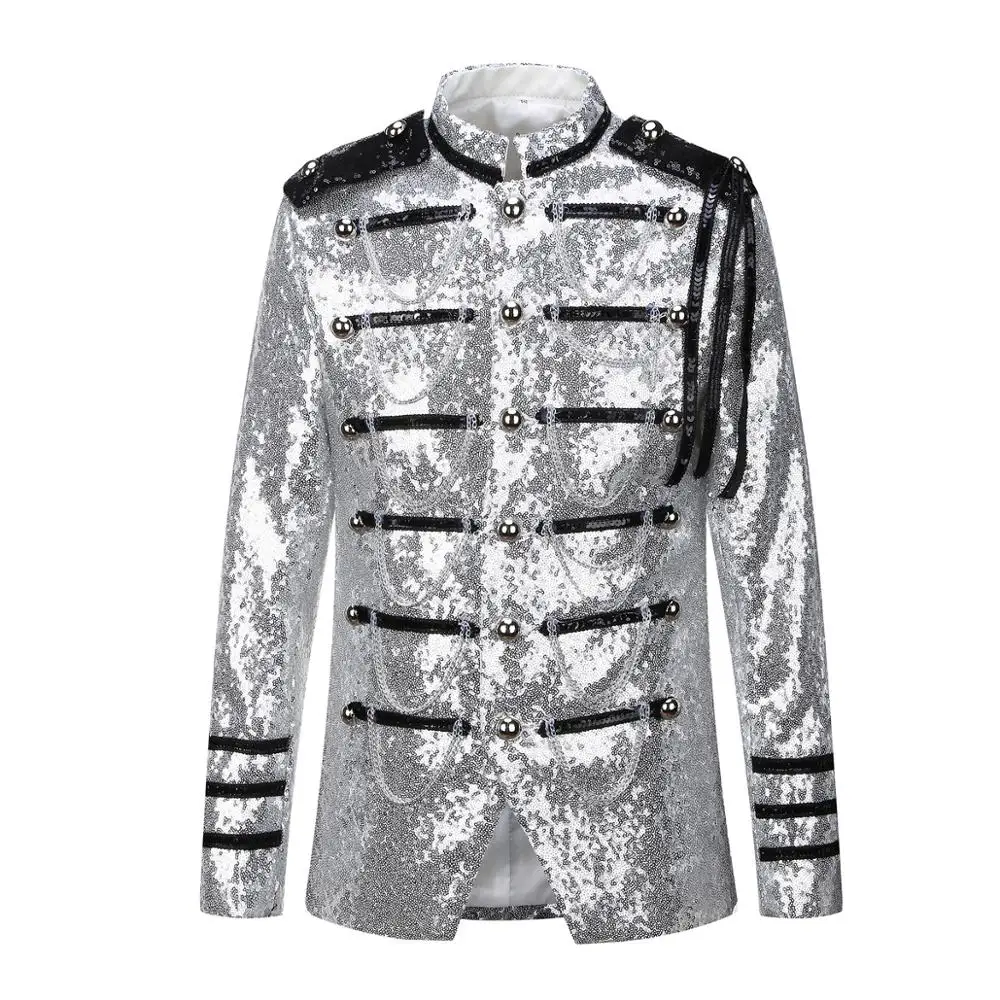 

Mens Fashion Military style Sequins Blazer Stage Singers Clothes DJ Club Suit Jacket