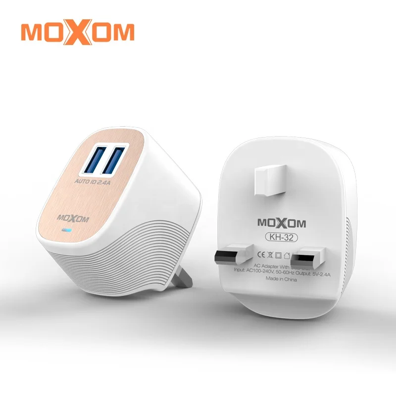 

High Quality UK Plug Wall Charger 2 USB Cell Phone Adapter 2.4A MOXOM USB Charger With Free Cable, White
