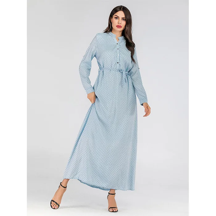 

2019 New design Dubai Islamic Clothing Muslim Abaya Maxi Dress Poka dot Long Sleeve Waistbelt robe dress with front button, Picture