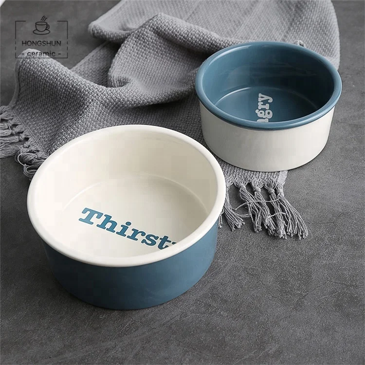 

Wholesale Cute Blue Ceramic Large Pet Food Bowl Cat Dog Bowl Nibble Pots, White and blue
