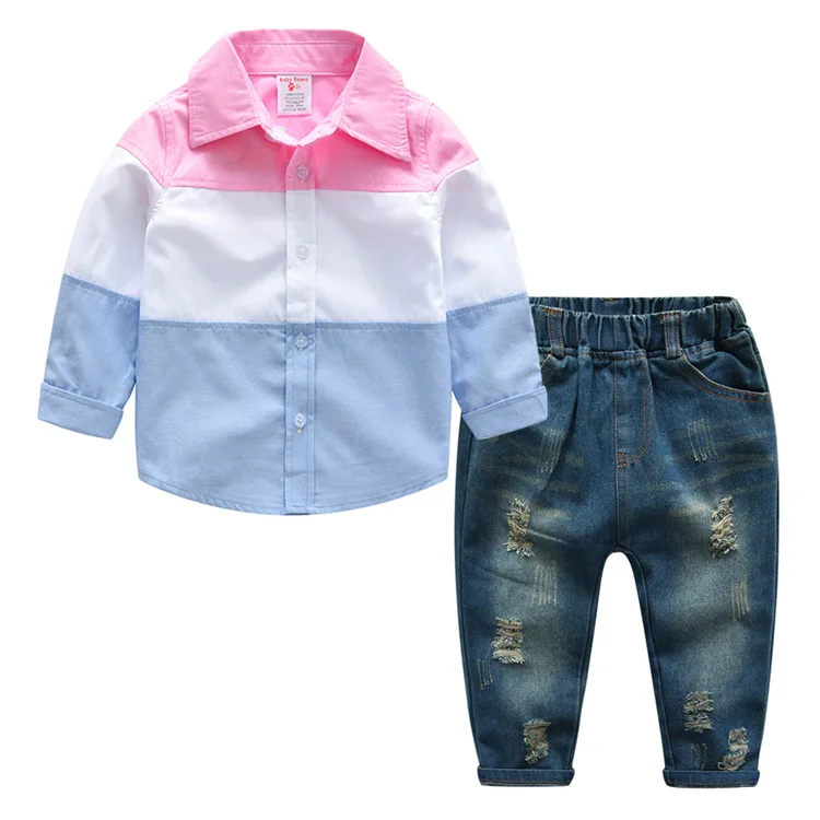 

children's clothing boys long-sleeved shirt hole denim suit male treasure spring two-piece clothes of children of boy, Picture