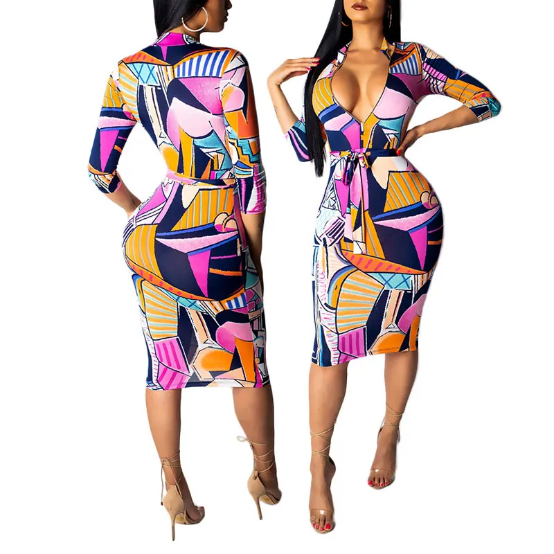 

90305-MX32 midi fashion printed dress women with sashes