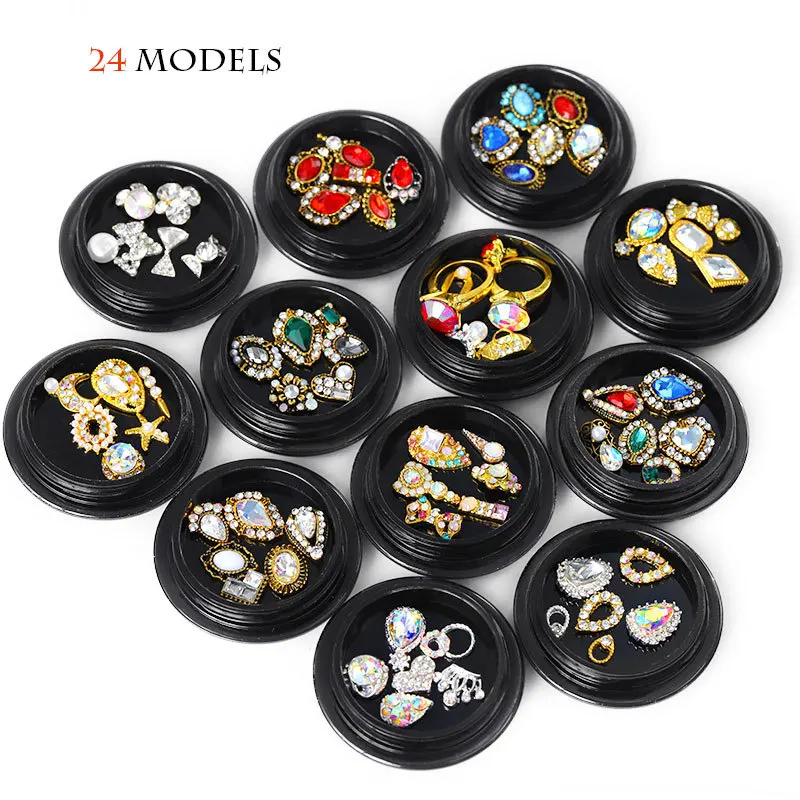 

2019 New Arrival ZS Series 24 Designs Alloy Zircon Nail Art Chaton Decoration Black Mini Box, 24 colors
