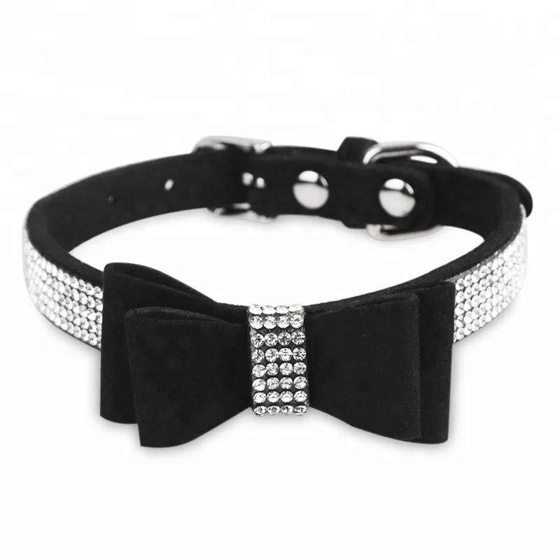 

high quality Full Rhinestone Soft Leather Dog Collar Bling Padded Bow Knot Puppy Cat Pet Collar leash For Small Medium dog pets, Green,red,black or custom
