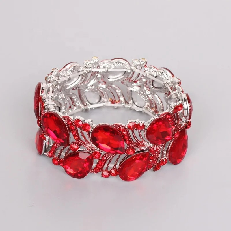 

Colorful Gorgeous Wide Crystal Retro Bangle Rhodium Gold Plated Luxury Rhinestone Big Glass Beaded Elastic Bangle For Women