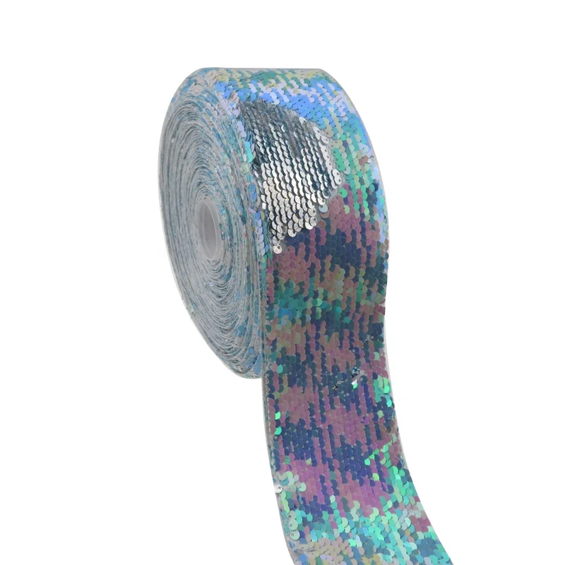 

3''75mm Rainbow to Hologram Sliver Spangle Reversible Sequin Fabric Ribbon for Dress Bows Decoration Accept Customized Order, Customized or 196