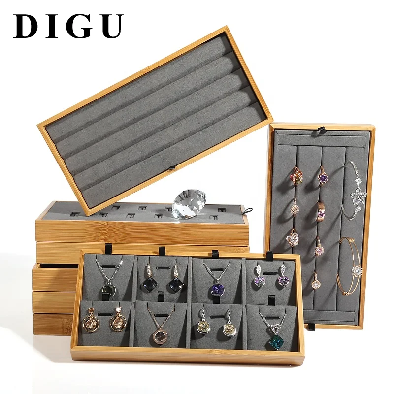DIGU Microfiber Insert Jewelry Display Trays For Gemstone And Diamond Showcase Solid Wood Tray