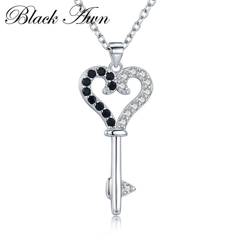

[BLACK AWN] Fine Genuine 100% 925 Sterling Silver Necklace Women Jewelry Heart Black&White Stone Pendants P130